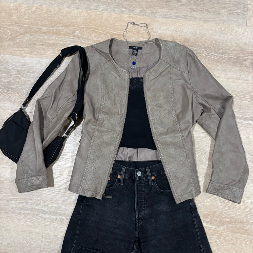 Alfani Faux Leather Jacket Women’s Large Brown Tan Vintage Classic Fall Winter
